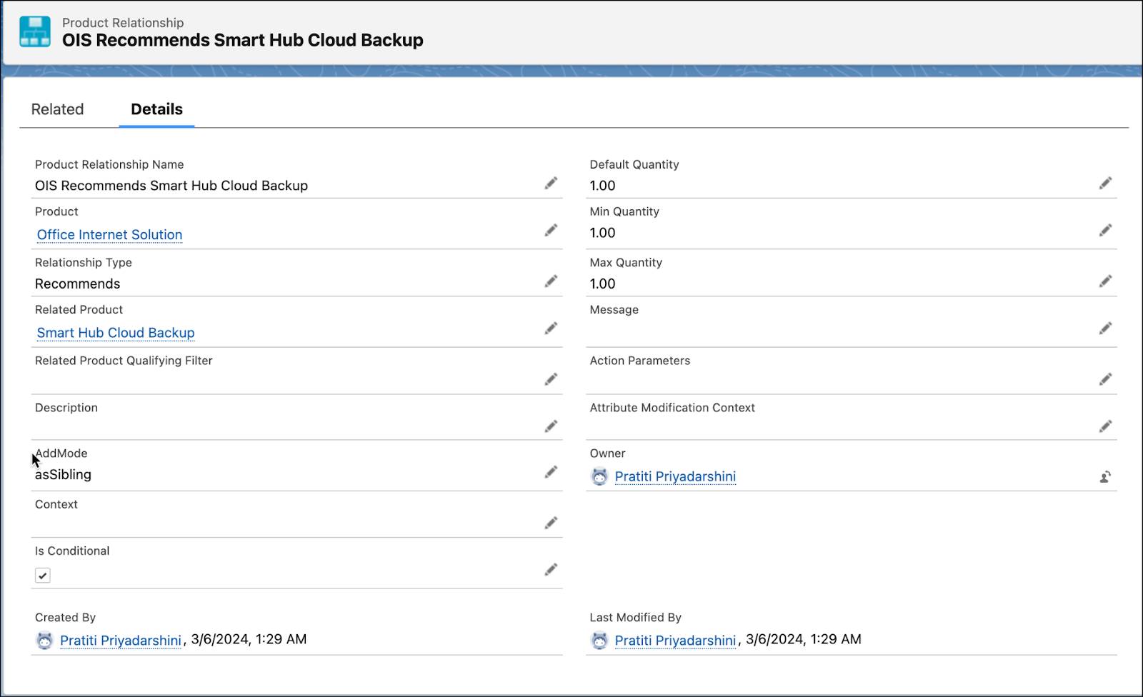 The Details page of the OIS Recommends Smart Hub Cloud Backup product relationship.