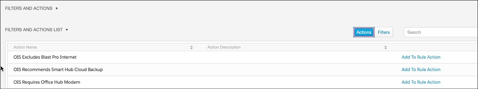 The available actions in the Actions list.