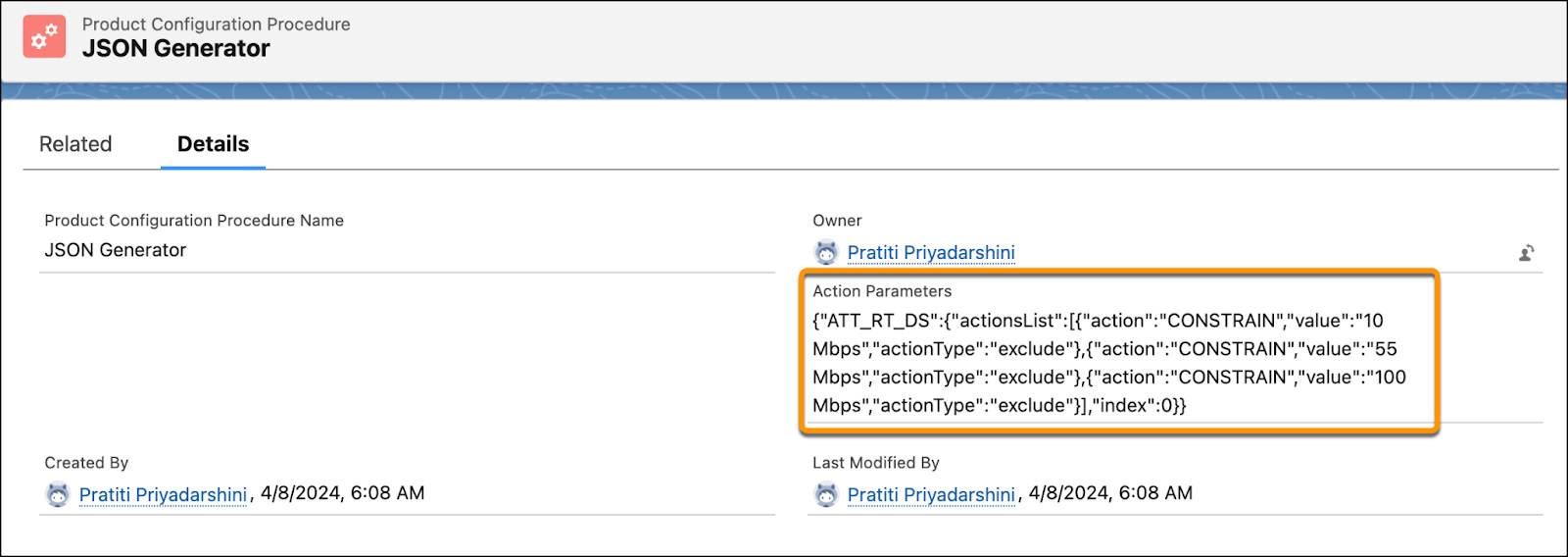 The JSON in the Action Parameters section that describes the attribute modification.
