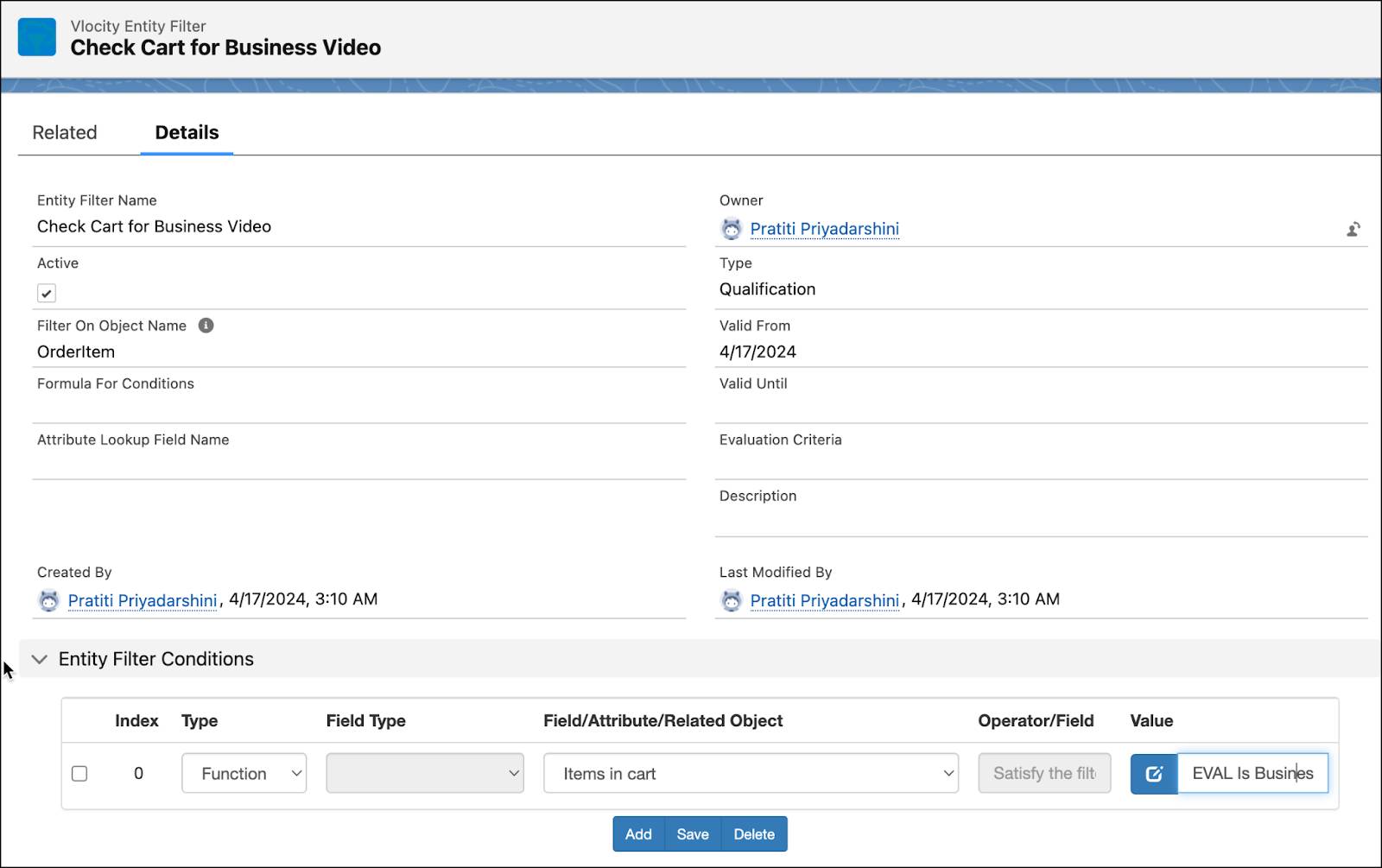 The compound qualification entity filter page.