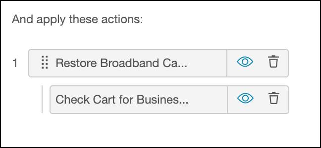 [Restore Broadband Cable Attributes (ブロードバンドケーブル属性を復元)] のアクション修飾子として機能する [Check Cart for Business Video (カートで Business Video を確認)] 検索条件。
