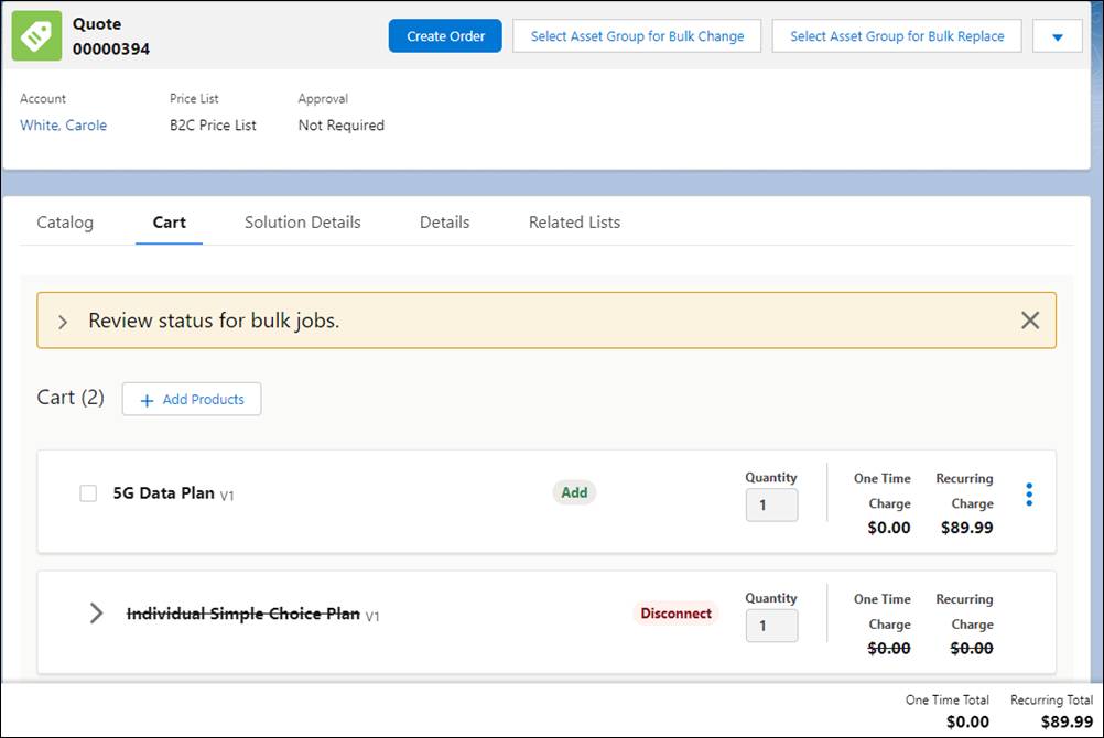 The quote cart shows the order actions for a change of plan, which include Add and Disconnect.