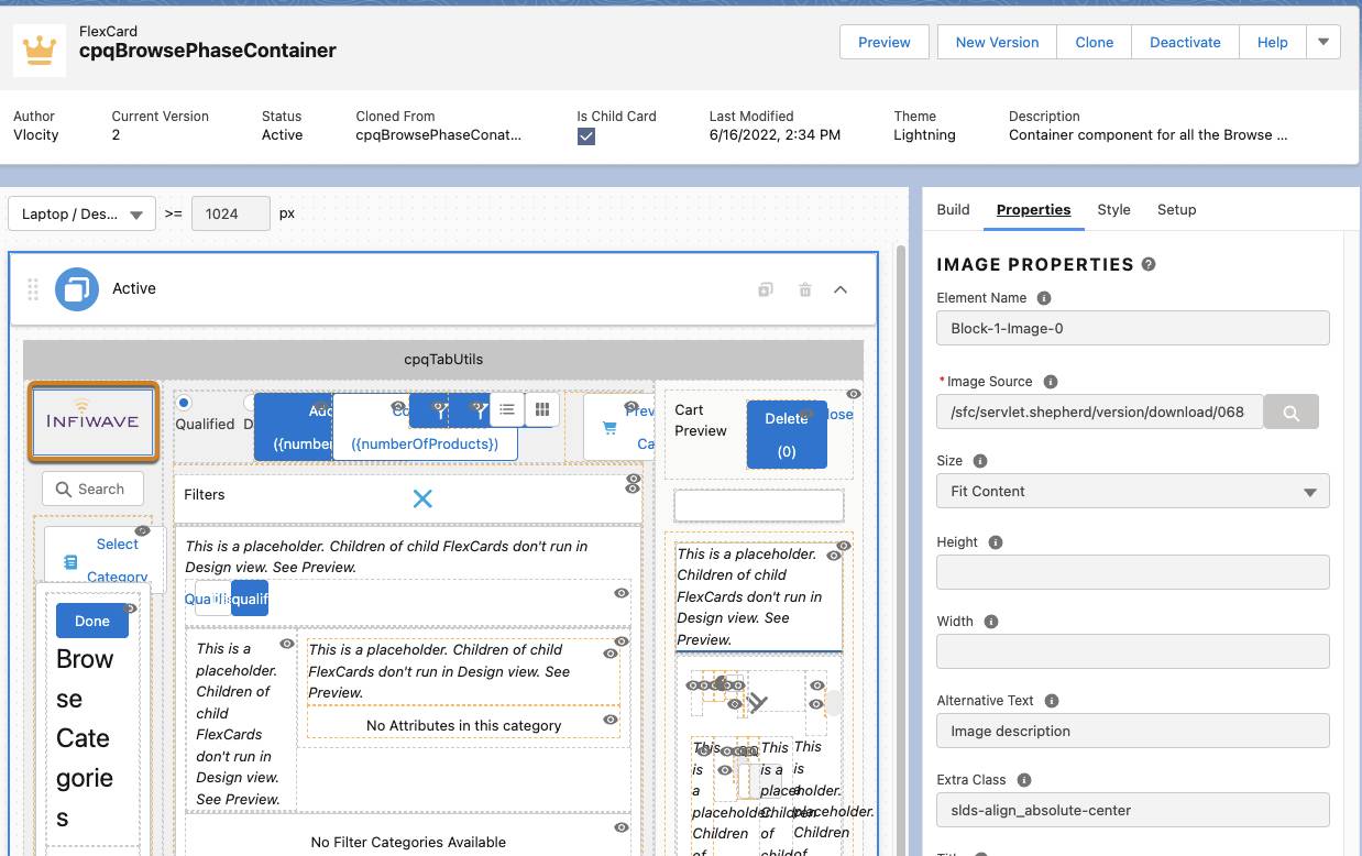 cpqBrowsePhaseContainer Image Element selected in FlexCard Designer.