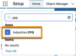 App launcher with Industries CPQ highlighted.