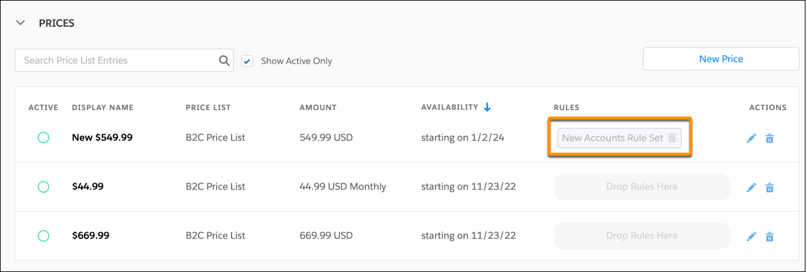 The new price list entry with its associated rule set.