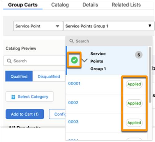 Service Points Group 1 の横に緑色のチェックマークが表示され、各メンバーの横に [Applied (適用済み)] と表示されている [Group Carts (グループカート)] タブ