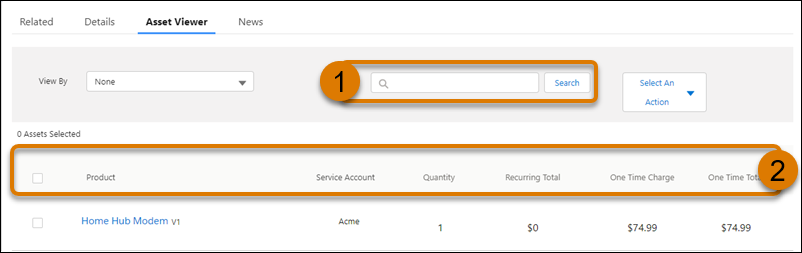 Selected Asset Viewer tab showing a search bar and assets list below with columns for Product, Service Account, Quantity, Recurring Total, One Time Charge, and One Time Total