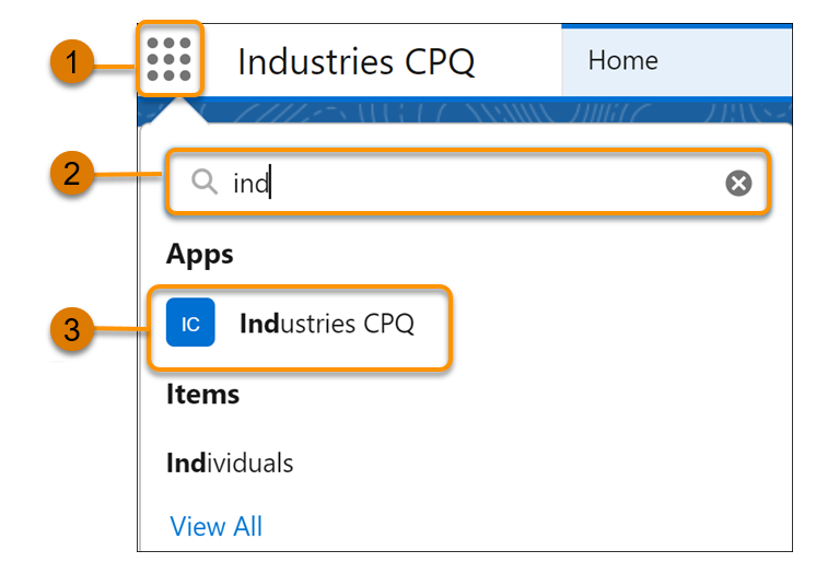 In the selected App Launcher menu, the search bar includes search text of “ind”, and the Apps listed show Industries CPQ in the search results.