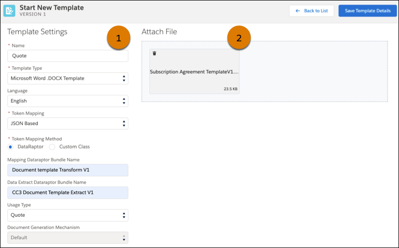[Start New Template (新規テンプレートを開始)] 画面が表示され、[Template Settings (テンプレート設定)] セクションと [ファイル添付] セクションが強調表示されている Document Template Designer の UI