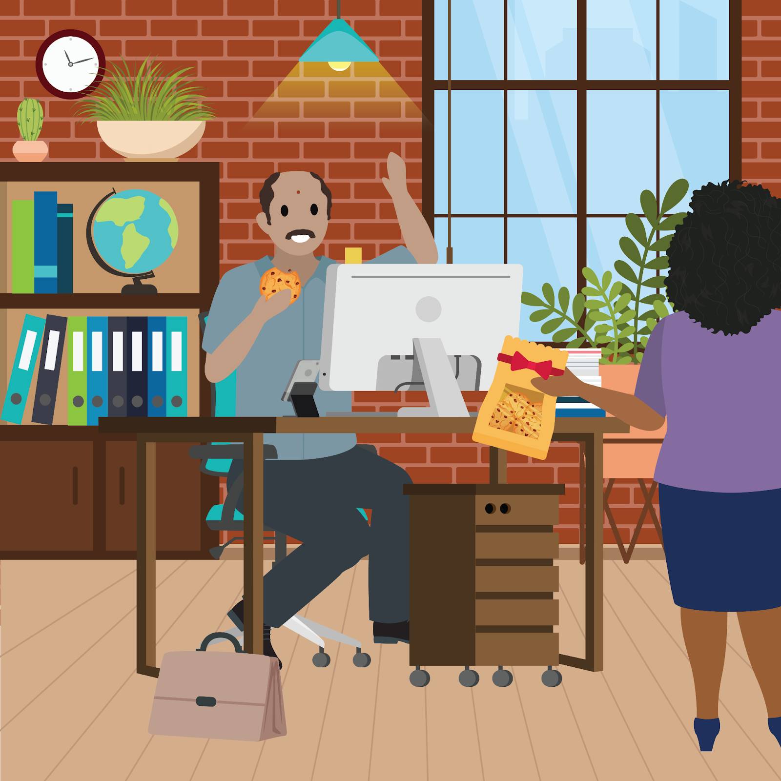 Illustration of Devi smiling while eating a cookie that his coworker has delivered to his desk