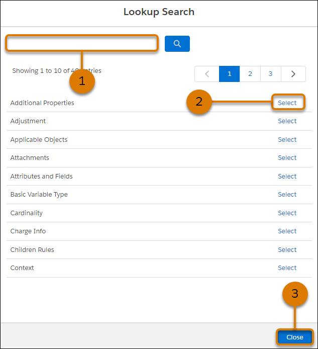 The Lookup Search window listing various section names.