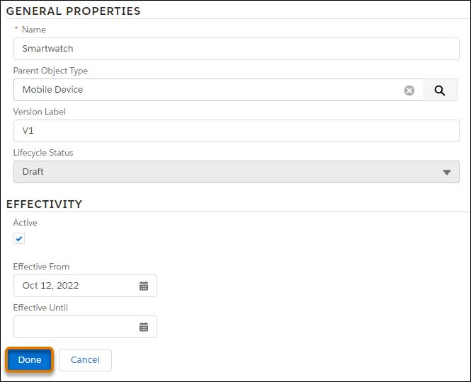 The Smartwatch object type configuration screen with highlighted Done button.