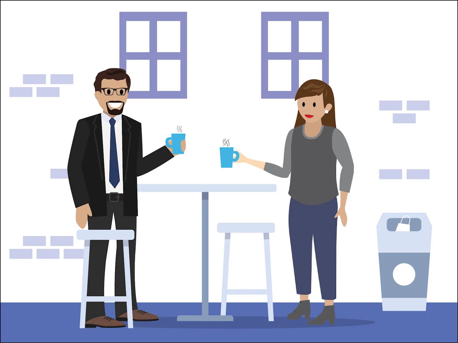 休憩室でお茶を飲む Greg と Angela。