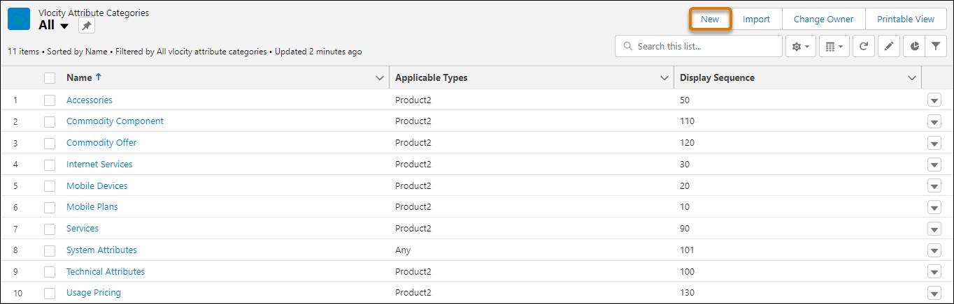 The New button highlighted in the Attribute Categories workspace.