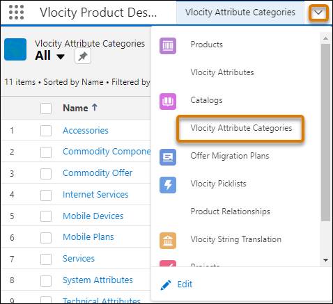 The Vlocity Attribute Categories highlighted in the Product Designer navigation menu.
