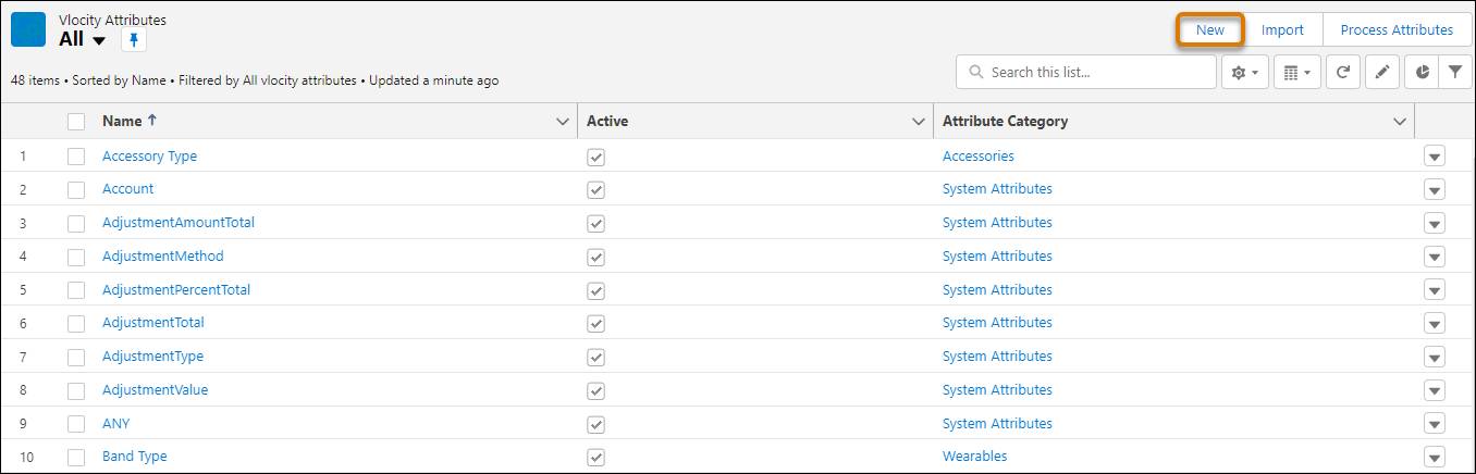 The New button highlighted in the Vlocity Attributes workspace.