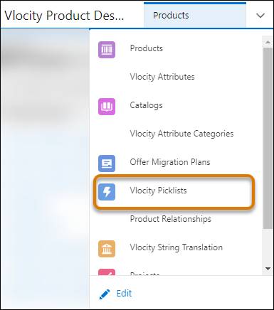 Vlocity 商品デザイナーのナビゲーションメニューで強調表示されている [Vlocity Picklist (Vlocity 選択リスト)]。