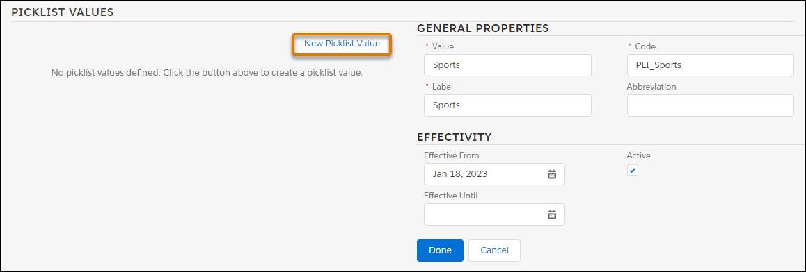[New Picklist Value (新しい選択リスト値)] が強調表示されている [Picklist Values (選択リスト値)] セクション。