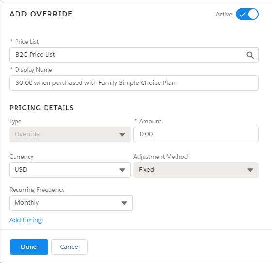 Add Override pane with populated fields.