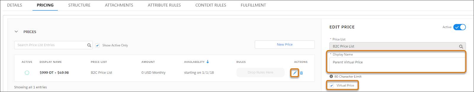 Edit icon on price entry in Pricing tab, and Edit Price pane.