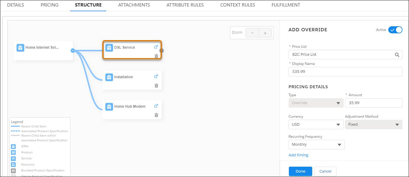 Add Override pane for a child product in the Structure tab.