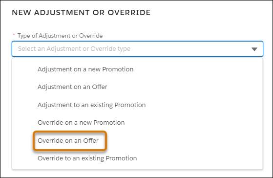 [Type of Adjustment or Override (調整または上書きの種別)] ドロップダウンメニューの [Override on an Offer (オファーを上書き)] オプション。