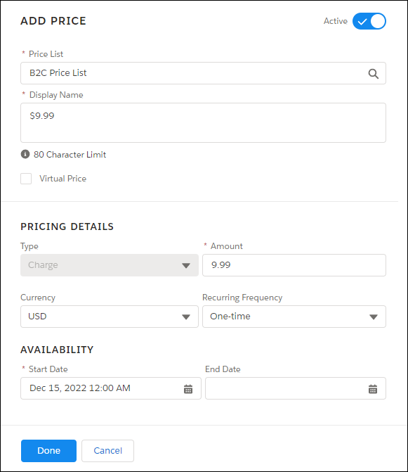 Add Price pane.