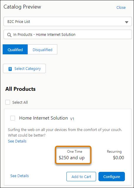 Catalog Preview pane of the Cart showing a one-time charge of $250 and up and a recurring charge of $0.00.