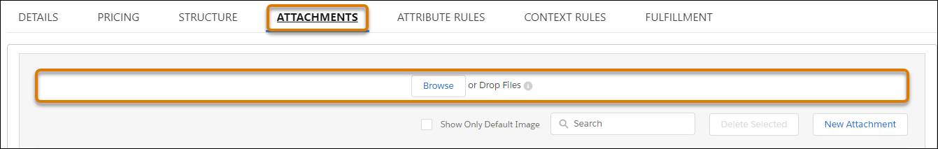 商品の [Attachments (添付ファイル)] タブにある [Browse or Drop Files (参照またはファイルをドロップ)] ボックス。