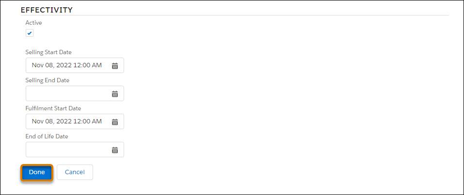 商品設定ページの [Effectivity (有効)] セクション。