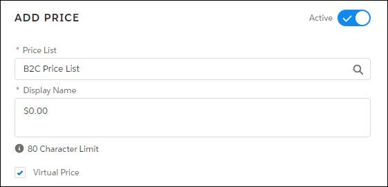 The Add Price pane with Price List, Display Name, and Virtual Price fields.