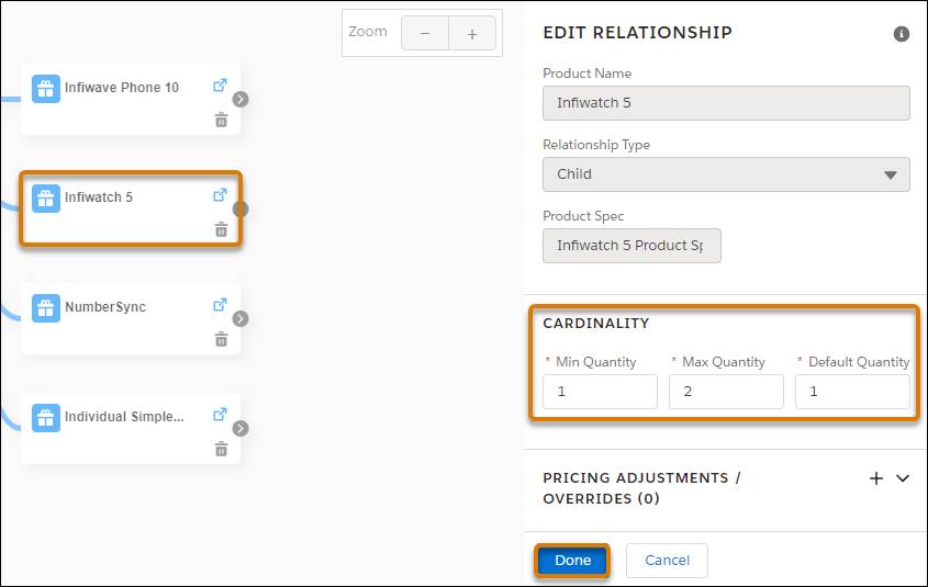 子商品 Infiwatch 5 のカーディナリティ設定が表示されている [Edit Relationship (リレーションを編集)] パネル。