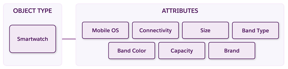 Un tipo de objeto Smartwatch (Reloj inteligente) se compone de varios atributos, incluida la marca, la capacidad, el color de la correa y otros.