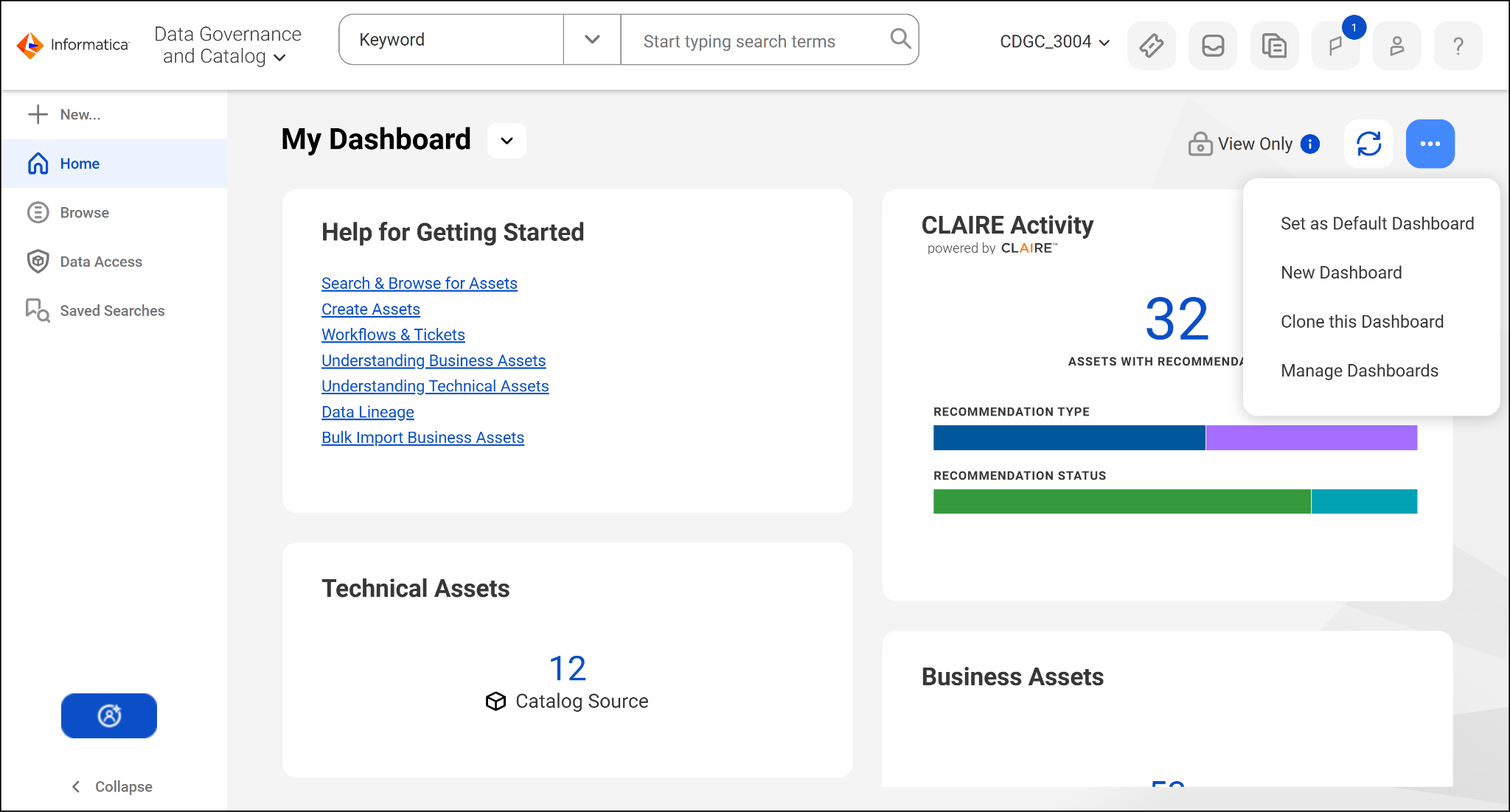 The default dashboard shows widgets and an Options menu to create, clone, and manage dashboards.