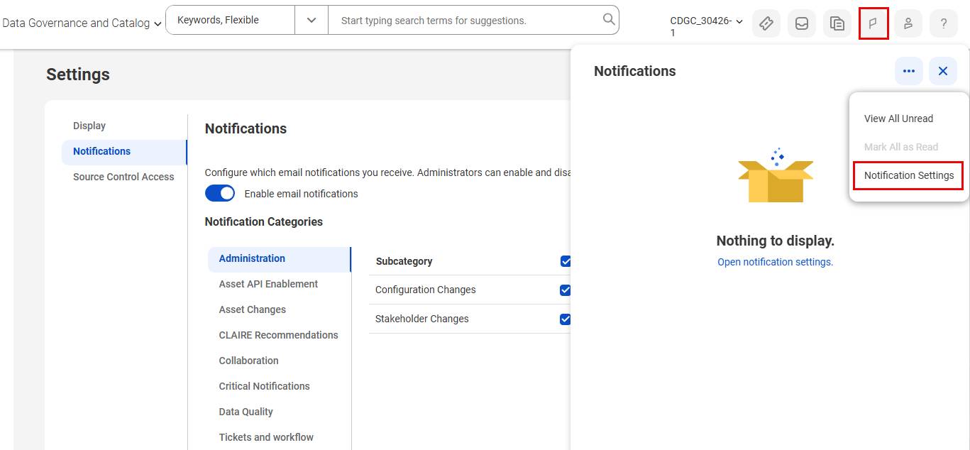 The User Settings page in CDGC with options to enable or disable in-app and email notifications for different event types.