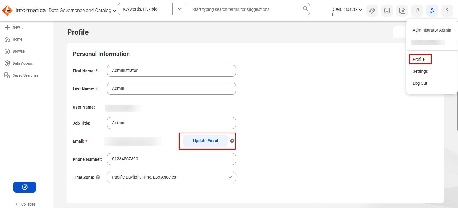 The CDGC Profile page includes editable fields for name, job title, phone number, time zone, and email address.