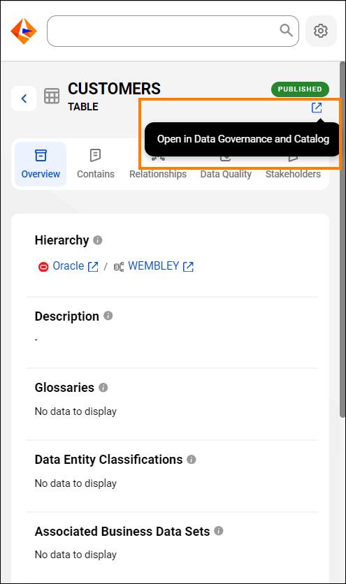 The Informatica QuickLook extension showing an asset's inline details panel with the Open in Data Governance and Catalog icon highlighted next to the asset name.