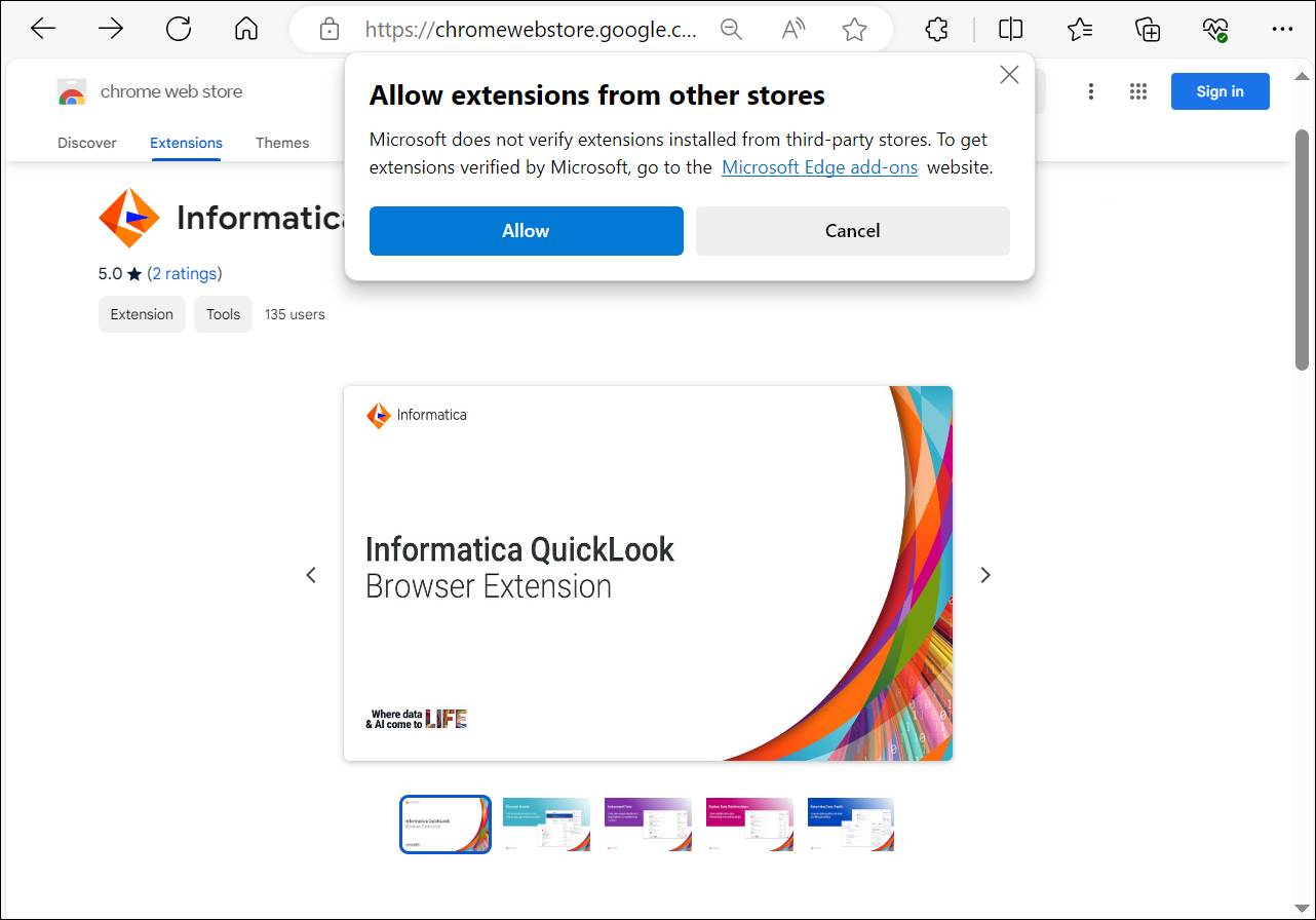 The Informatica QuickLook extension displayed in the Chrome Web Store opened in Microsoft Edge, with Allow extensions from other stores popup windows with options to Allow or Cancel.