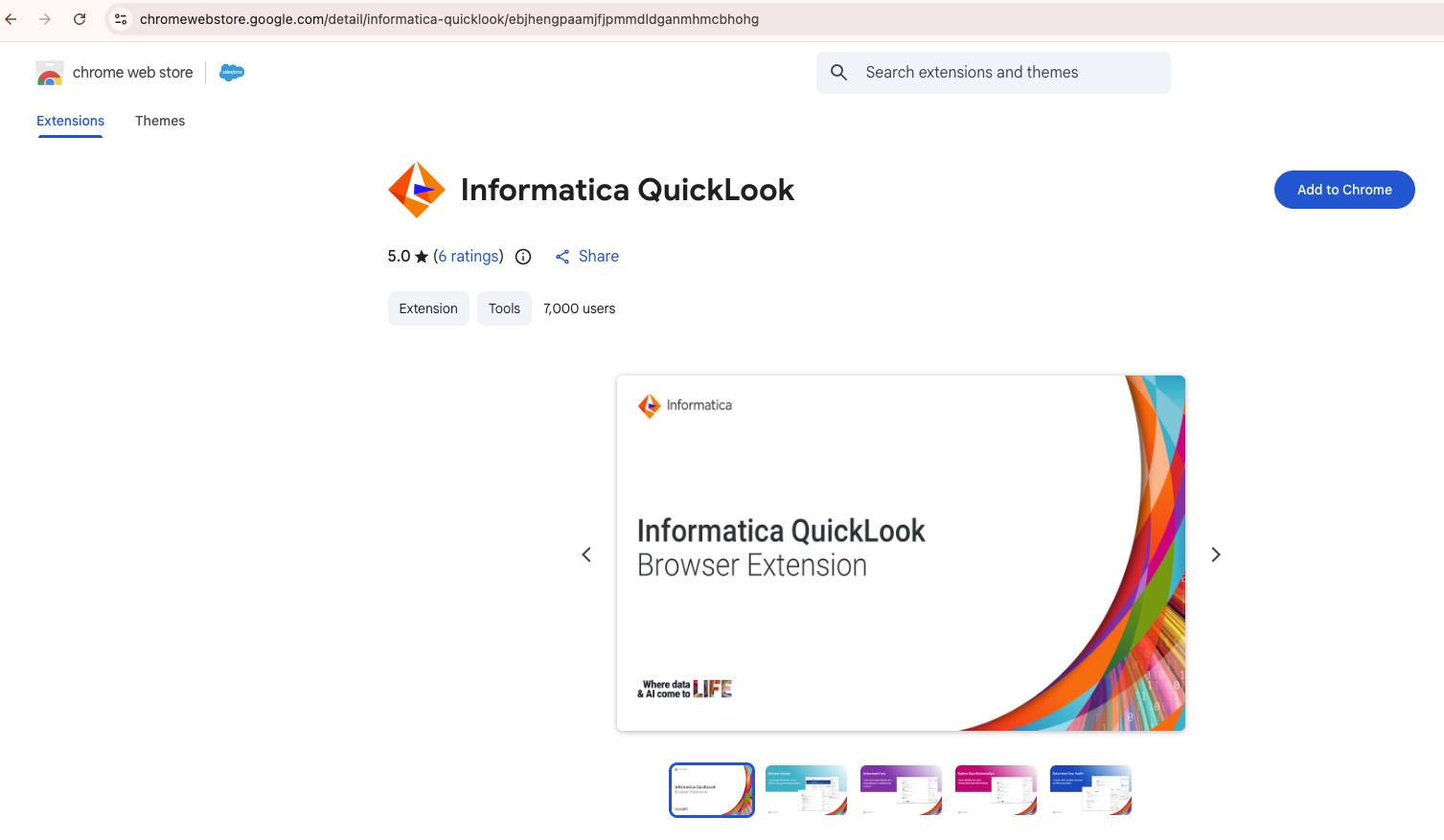 The Informatica QuickLook extension displayed in the Chrome Web Store with the Add to Chrome button.