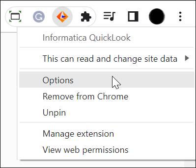 The right-click context menu on the Informatica QuickLook browser toolbar icon with the Options item highlighted.