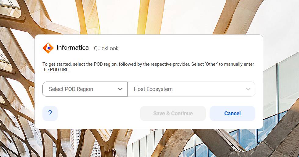 The Informatica QuickLook Options dialog box with the Select POD Region dropdown menu open.
