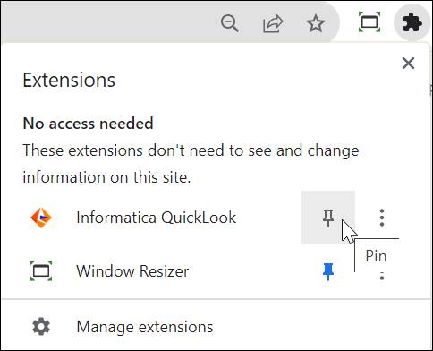 The browser Extensions menu opens with the Informatica QuickLook extension pinned to the Chrome toolbar.