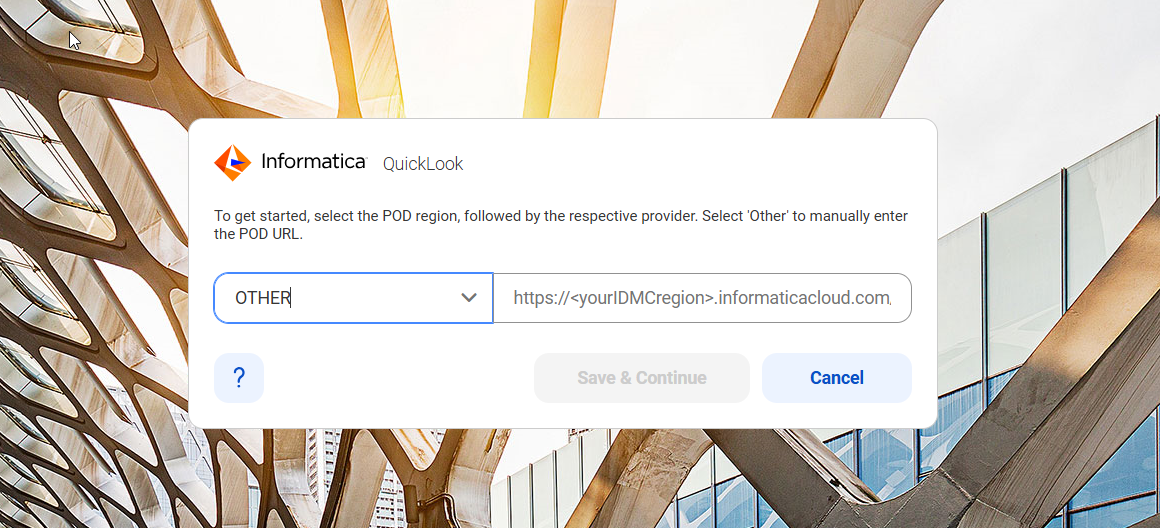 The Informatica QuickLook Options dialog box with the Host Ecosystem menu selected and the POD URL auto-configured.