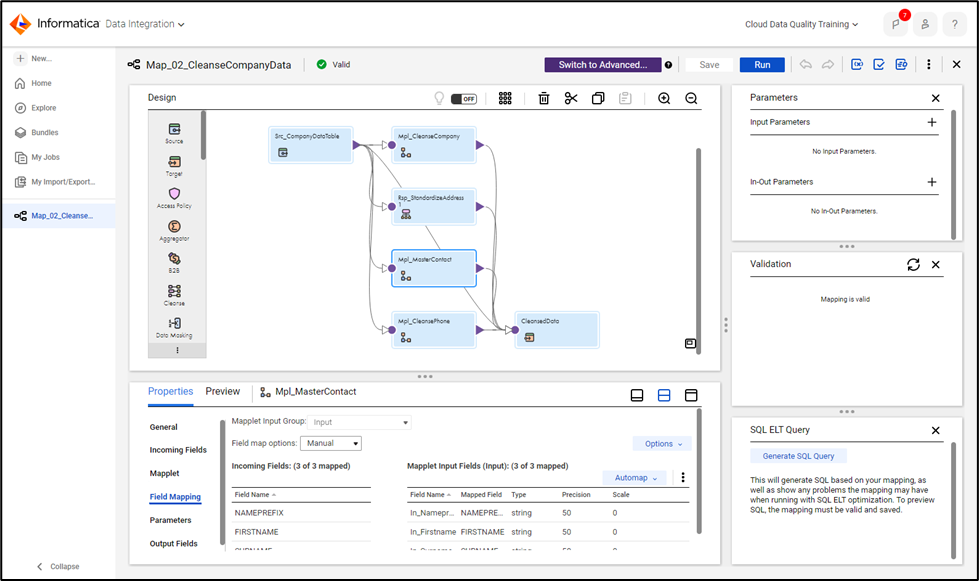 Cloud Data Integration Mapping。データをクレンジングして標準化するように設定されているデータ品質マッピングが図示されています。