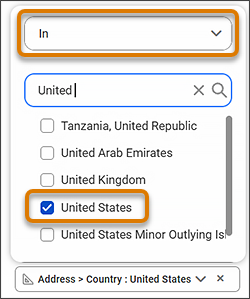 The Filter for Country with the Field as “United States” from a Picklist and the Operator and “In”.