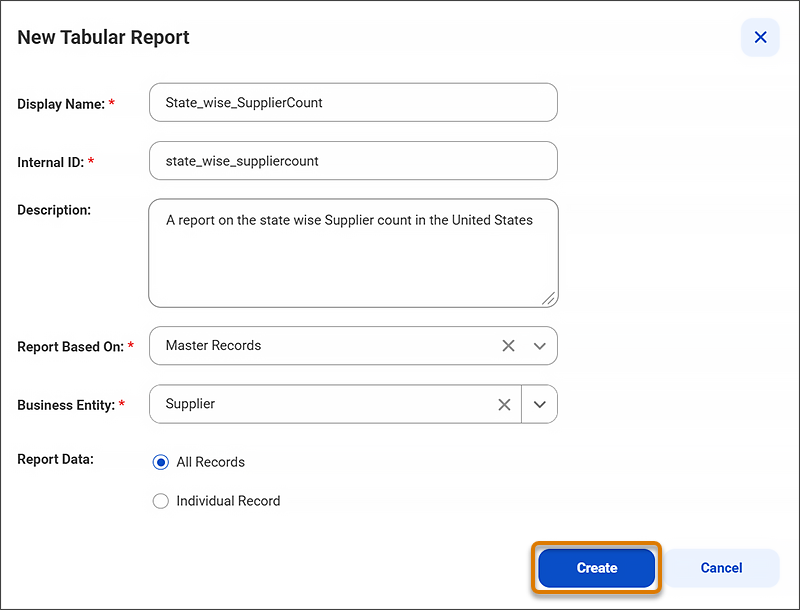 The New Tabular Report form for a State wise Supplier Count report with all the fields filled in.