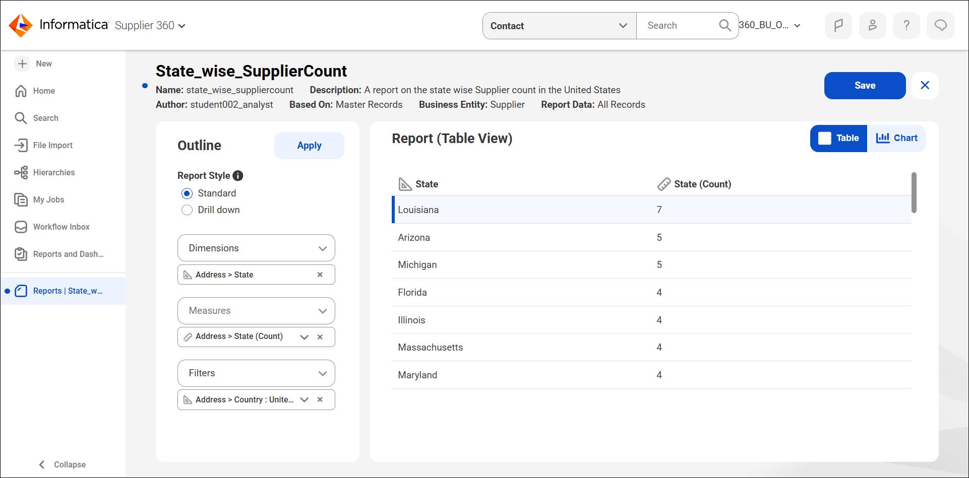 The Supplier 360 SaaS report builder includes a standard report configured with State as the dimension, State(Count) as the measure, and Country as United States for the filter.