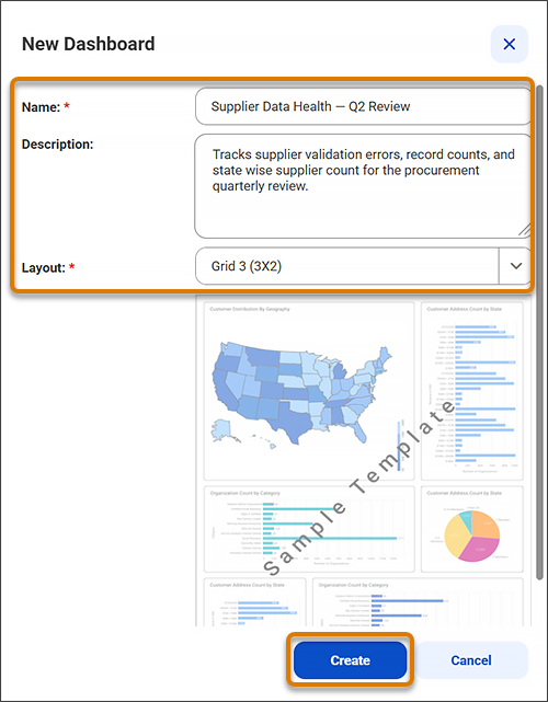 The New Dashboard form with Name, Description, and Layout fields filled.