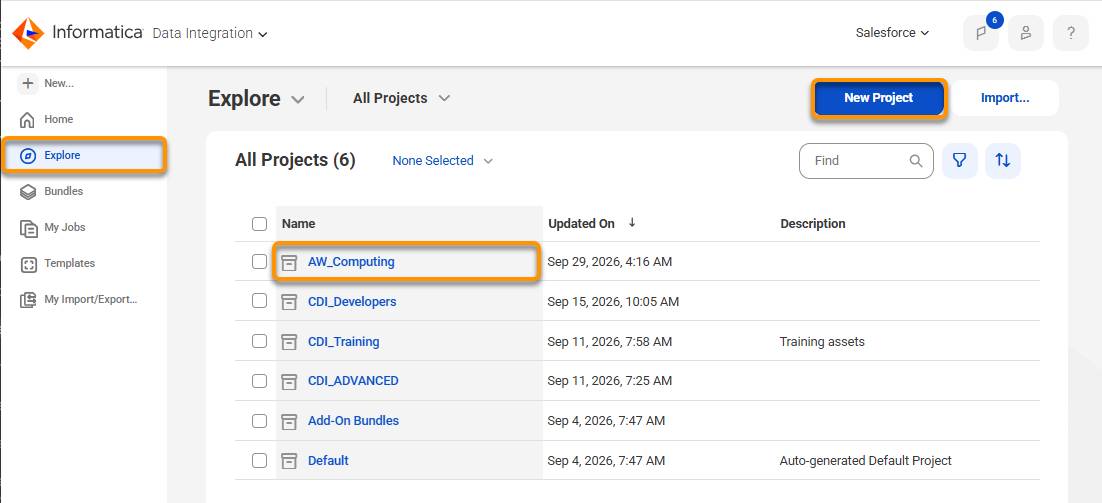 The Data Integration Explore tab showing a folder hierarchy with the AW_Computing project folder selected.