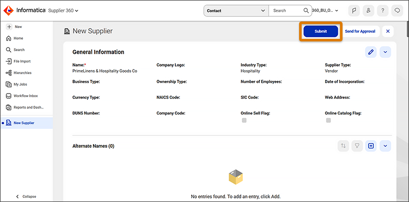 The New Supplier form with the Submit button.